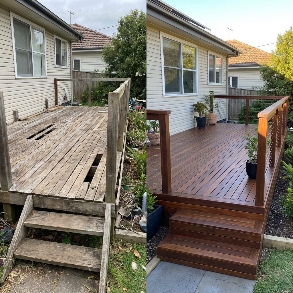 Before and after: a rotten deck replaced with a new stained timber deck and cable balustrade