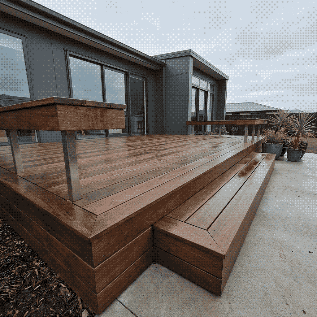 Timber deck with wide steps built by CJ Construction against a grey cladding home in Canterbury